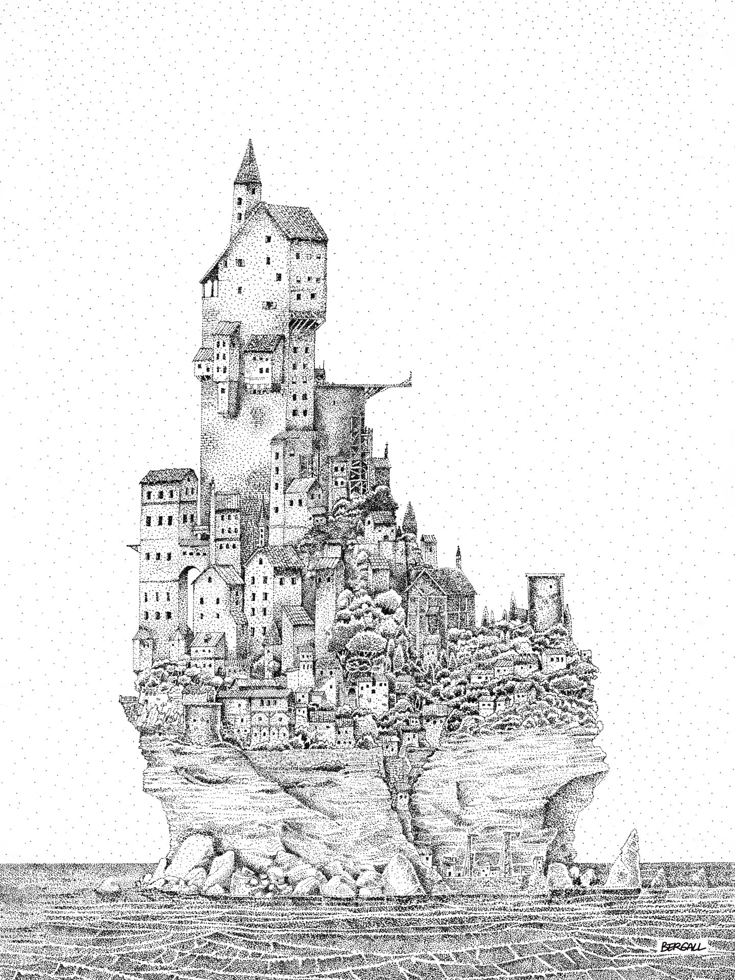 representation d'une cité entourée d'eau dessinée en pointillisme