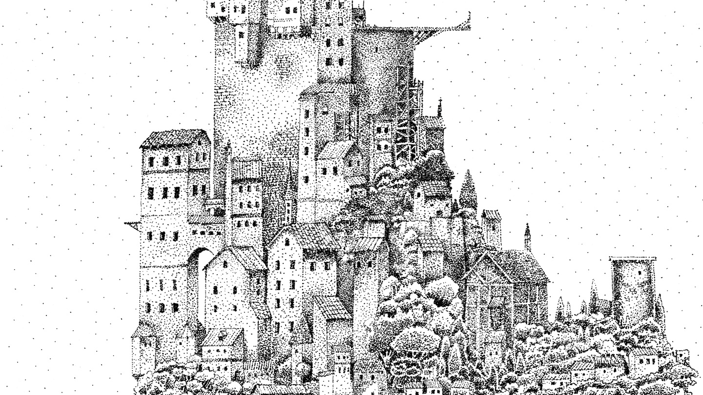 representation d'une cité entourée d'eau dessinée en pointillisme encadrée