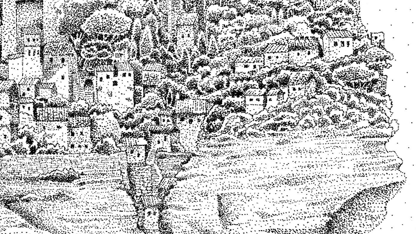 representation d'une cité entourée d'eau dessinée en pointillisme encadrée